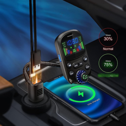 車用マルチファンクションFM送信機 — 音楽と音声アシスタント