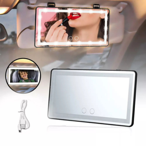 Espelho LED Para Para-Sol De Carro – Iluminação Ajustável E Recarregável 